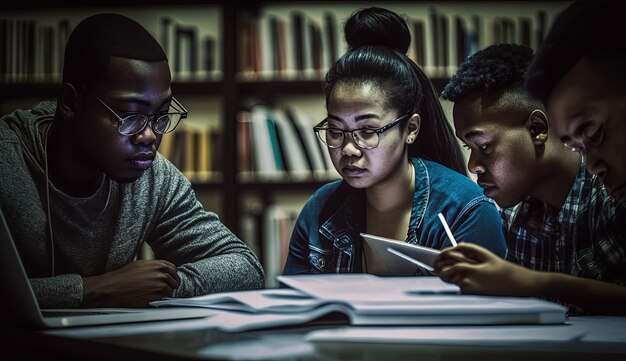 Diversi gruppi di studenti delle scuole medie per bambini multietnici studiano insieme in classe ai generativa