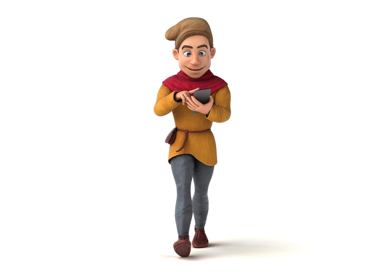 Foto gratuito divertente cartone animato 3d uomo medievale che cammina con uno smartphone