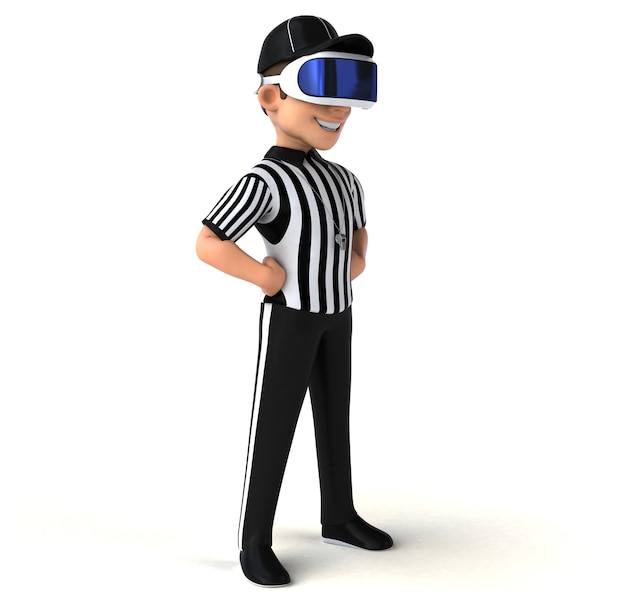 Divertente illustrazione 3D di un arbitro con un casco VR