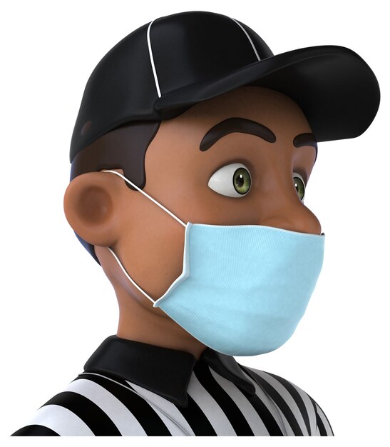 Divertente illustrazione 3D di un arbitro nero con una maschera