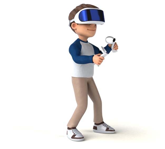 Divertente illustrazione 3D di un bambino cartone animato con un casco VR