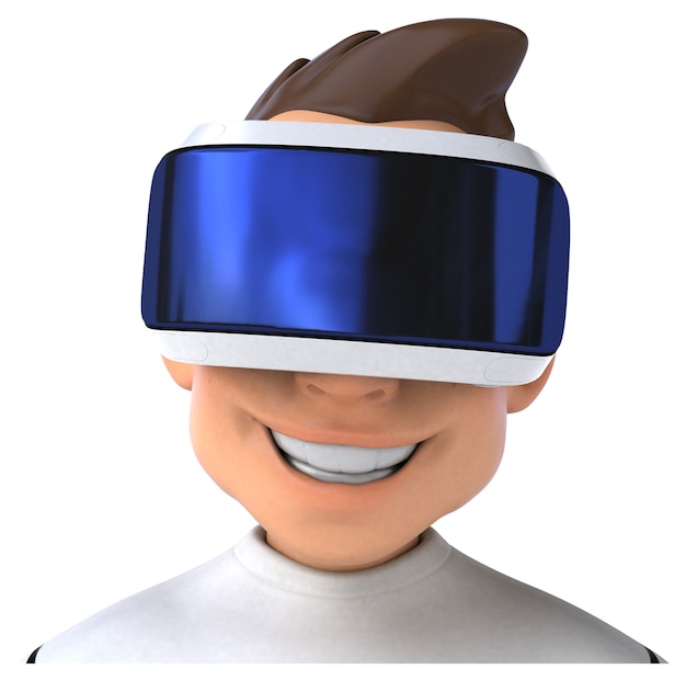 Divertente illustrazione 3D di un uomo di cartone animato con un casco VR