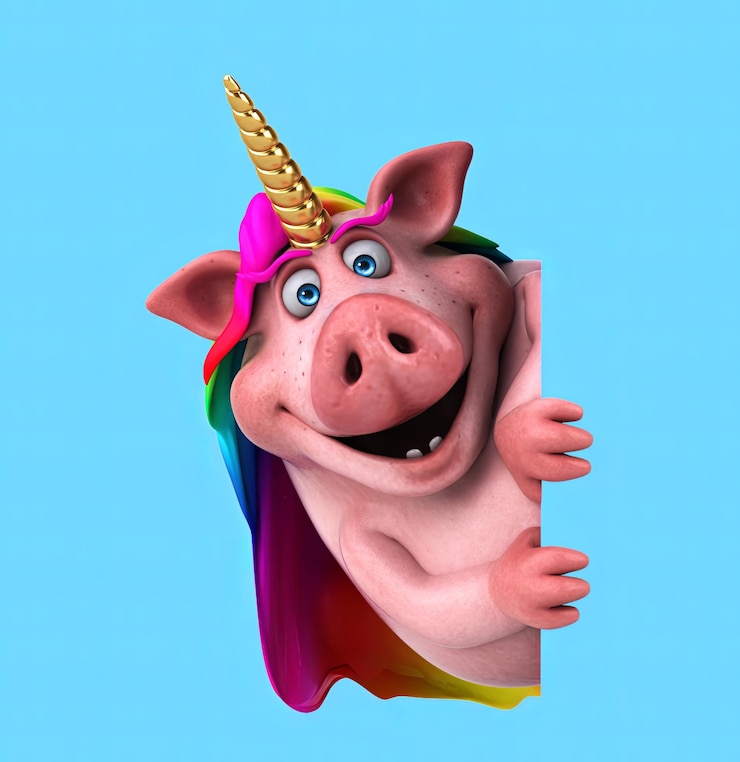 Foto gratuito divertente porco unicorno in cartone animato 3d con un cartello