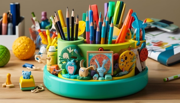 Divertimento creativo per l'infanzia con giocattoli multicolori e carta generati dall'intelligenza artificiale