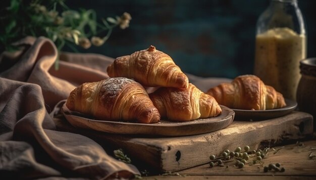 Dolci francesi appena sfornati su tavola rustica generati da AI