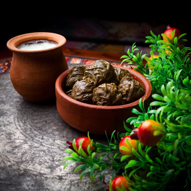 Dolma di vista laterale con yogurt e aceto in un piatto dell'argilla