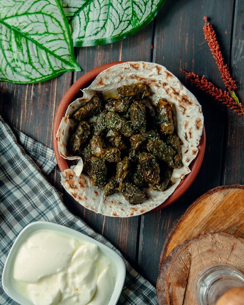 Dolma e ciotola della foglia dell'uva con katyk