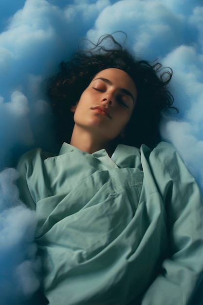 Donna a colpo medio che dorme sulle nuvole