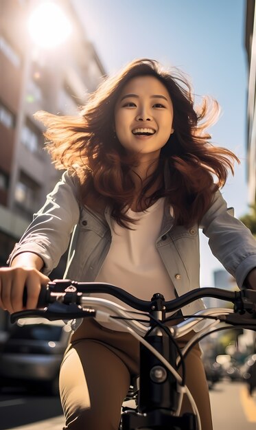 Donna ad angolo basso che guida la bicicletta all'aperto