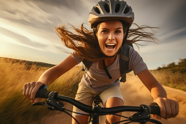 Donna ad angolo basso che guida la bicicletta all'aperto