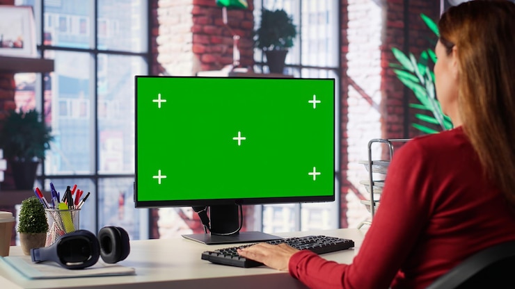 Foto gratuito donna adulta che scrive su un computer con uno schermo a tastiera a chroma alla sua scrivania in soffitta