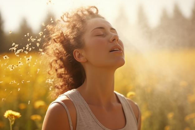 Donna affetta da allergia per essere stata esposta al polline dei fiori all'esterno