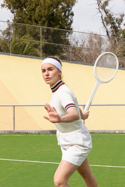 Donna allegra di tennis sul campo