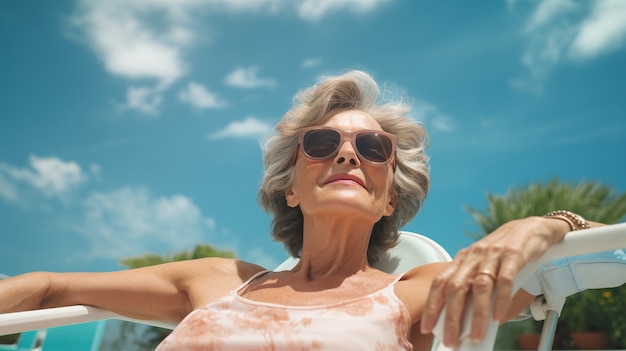 Donna anziana che si rilassa in spiaggia in estate
