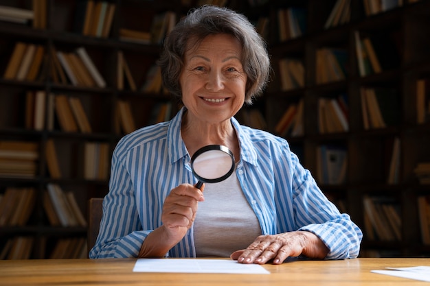 Donna anziana del colpo medio in biblioteca