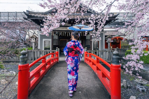 Donna asiatica che indossa kimono tradizionale giapponese e fiori di ciliegio in primavera, tempio di Kyoto in Giappone.