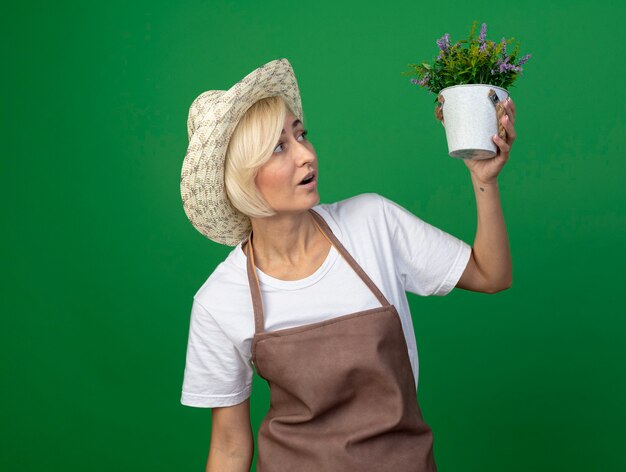 Donna bionda di mezza età impressionata del giardiniere in uniforme che indossa cappello che tiene e che esamina vaso di fiori isolato sulla parete verde con lo spazio della copia