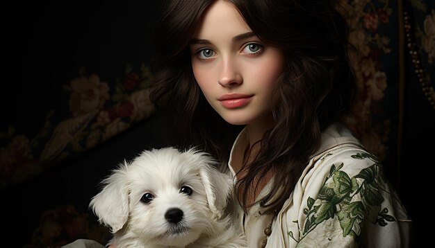 Donna carina ritratto di cane che guarda un piccolo cucciolo in casa generato da intelligenza artificiale
