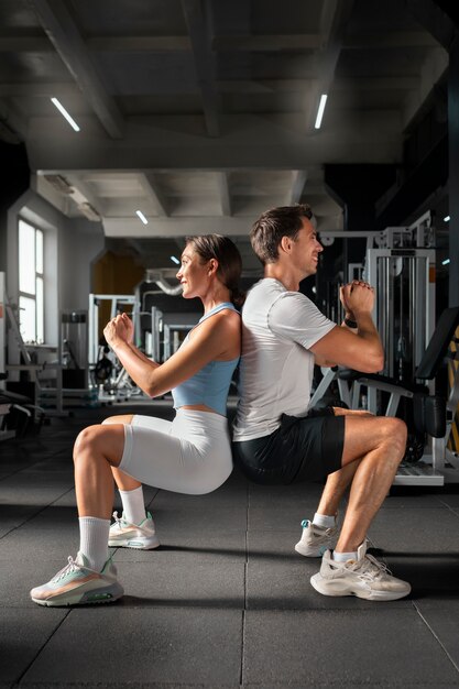 Donna che aiuta l'uomo in palestra