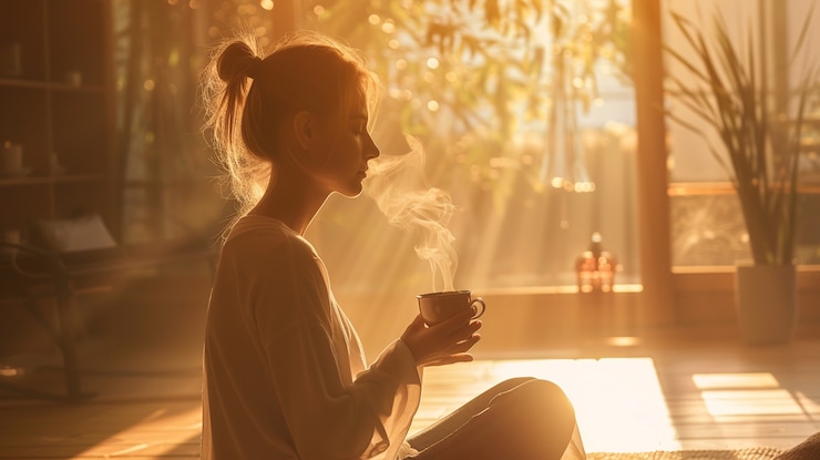 Foto gratuito donna che beve tè sano