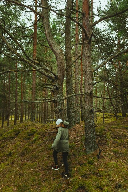 Donna che cammina tra gli alberi della foresta