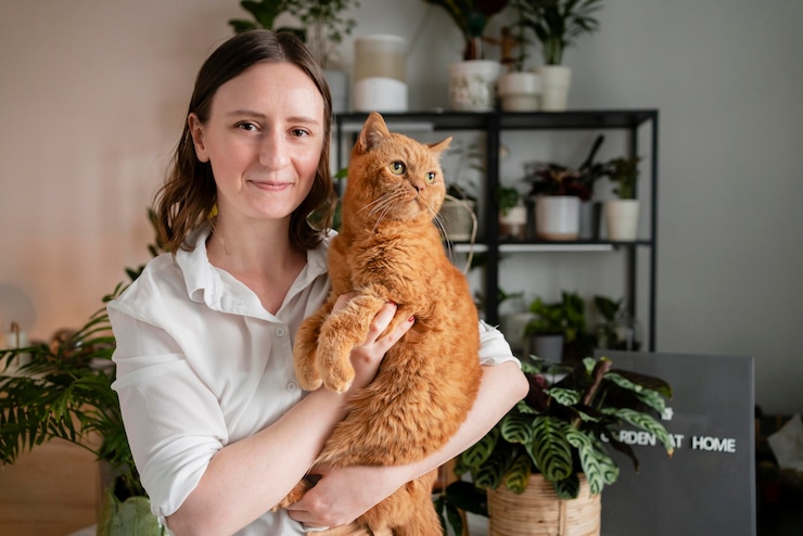 Foto gratuito donna che coltiva piante a casa che tiene gatto