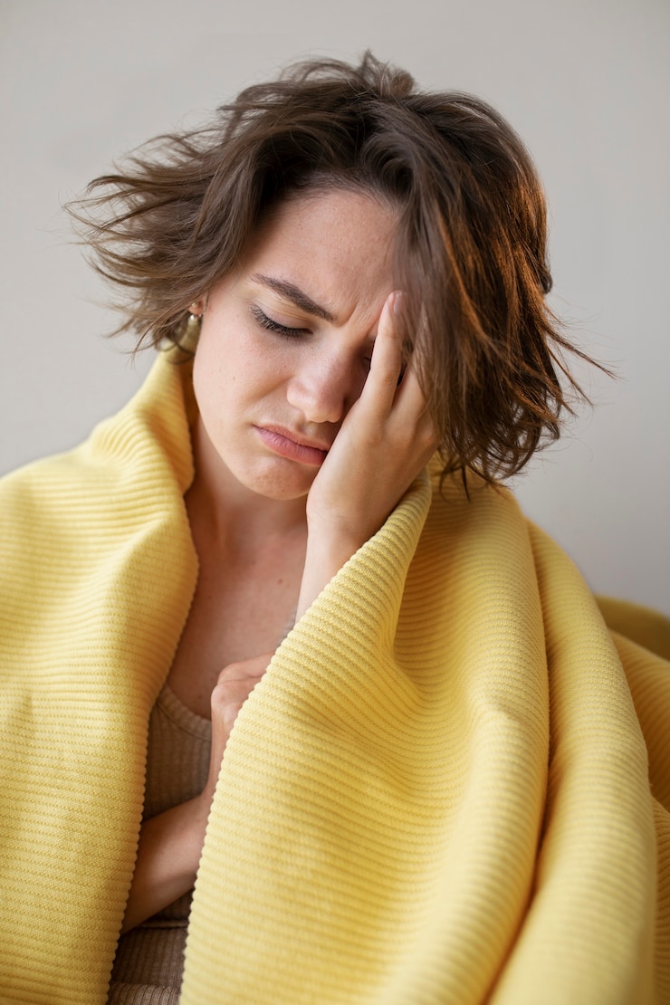 Foto gratuito donna che copre con coperta di colpo medio