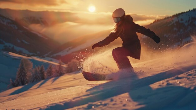 Donna che fa snowboard in inverno con paesaggi da sogno e sfumature pastello