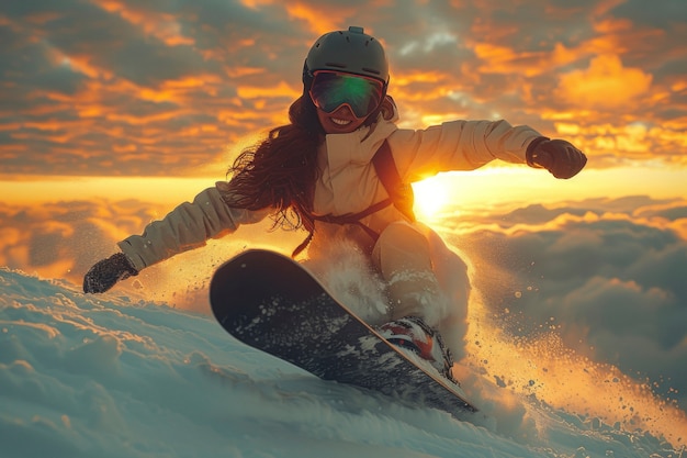 Donna che fa snowboard in inverno con paesaggi da sogno e sfumature pastello