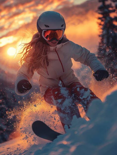 Donna che fa snowboard in inverno con paesaggi da sogno e sfumature pastello