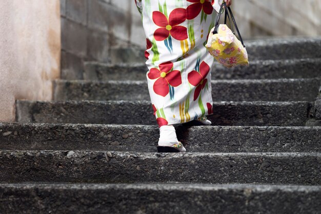 Donna che indossa bellissimi kimono giapponesi e obi