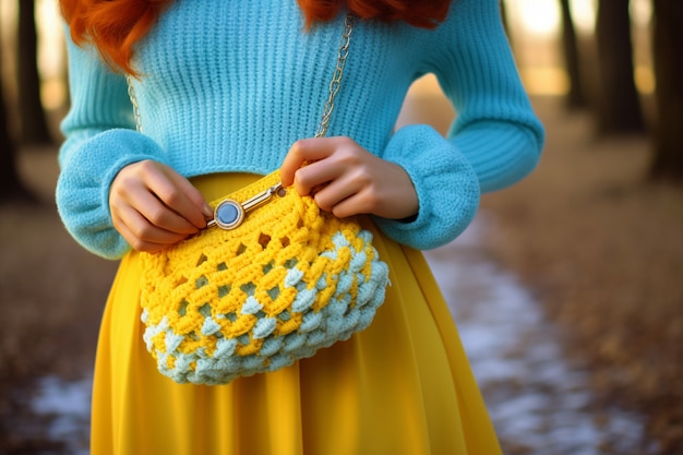 Donna che indossa borsa lavorata a maglia