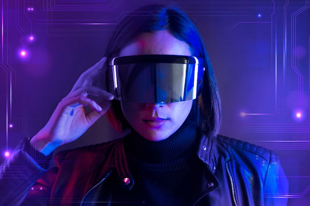 Donna che indossa occhiali intelligenti tecnologia futuristica remix digitale
