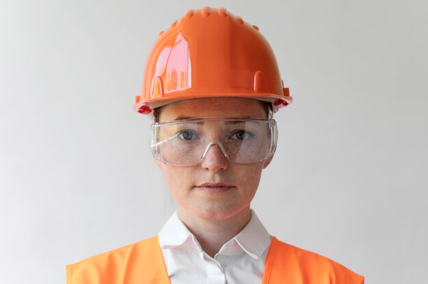 Donna che indossa un'attrezzatura speciale di protezione industriale