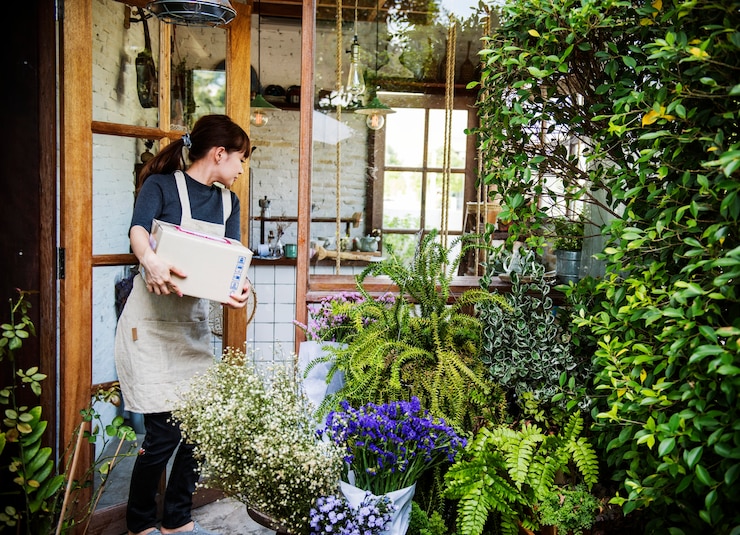 Foto gratuito donna che lavora in un negozio di fiori