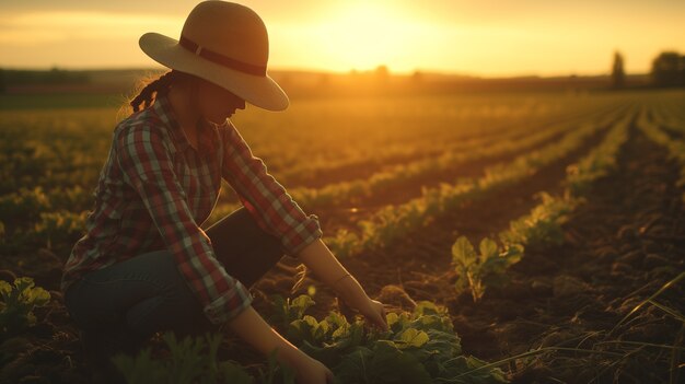 Donna che lavora nel settore agricolo rurale per celebrare le donne nel campo di lavoro per la Giornata del Lavoro.