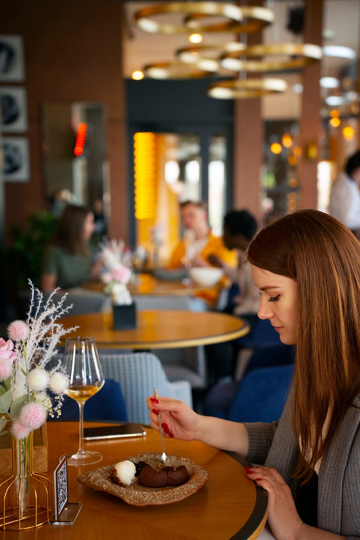 Foto gratuito donna che mangia cibo al ristorante