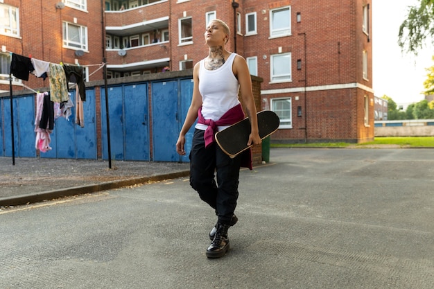 Donna che porta skateboard in periferia full shot