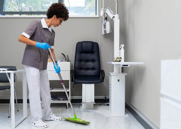 Donna che pulisce l'ufficio dell'oftalmologo