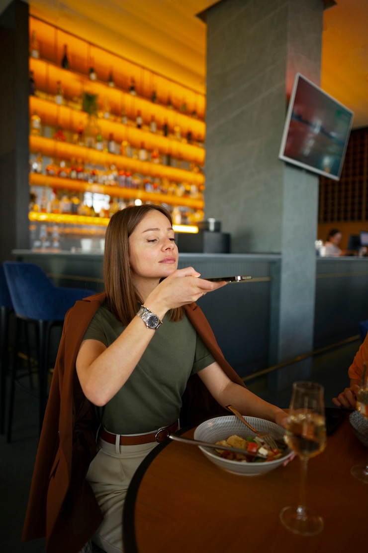 Foto gratuito donna che scatta foto di cibo al ristorante