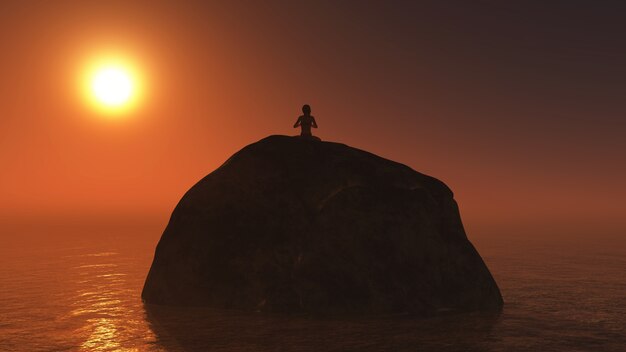 Donna che si siede su una roccia al tramonto