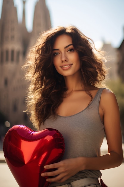 Donna che tiene il palloncino rosso del cuore
