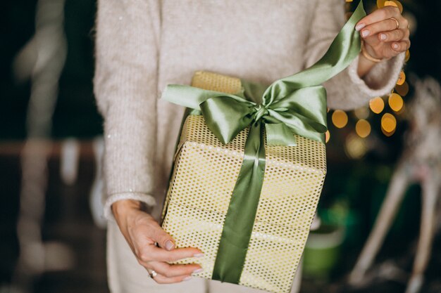 Donna che tiene un regalo di Natale, alto vicino della scatola