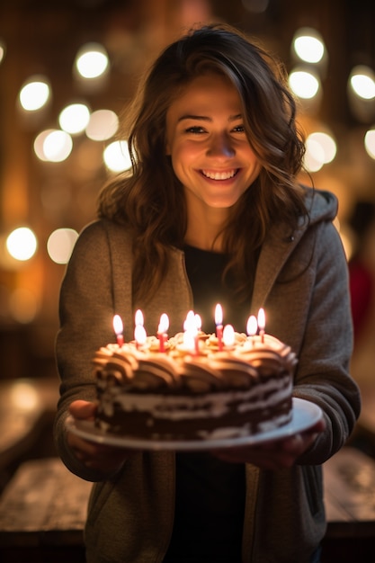 Donna che tiene una deliziosa torta di compleanno