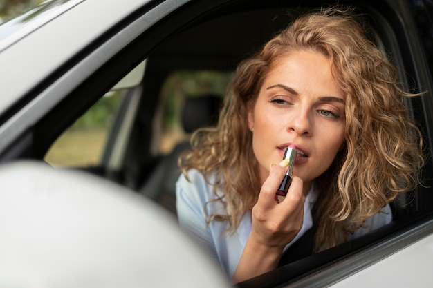 Donna che viaggia con la sua auto