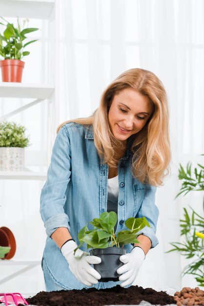 Donna con guanti piantare fiori