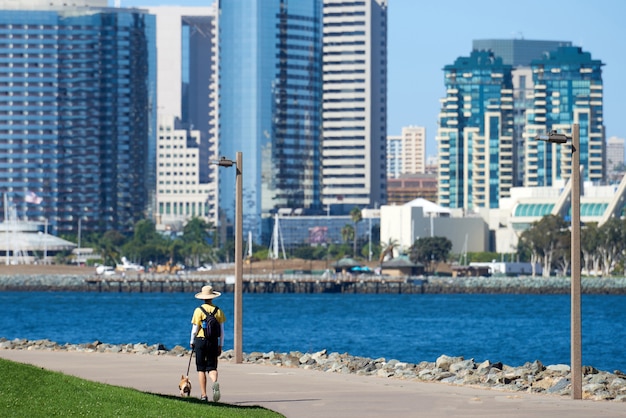 Donna con il cappello classico rotondo che cammina il cane nel parco di lungomare a San Diego