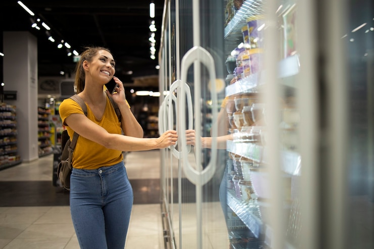 Foto gratuito donna con il carrello che apre il frigorifero per prendere il cibo nel negozio di alimentari mentre si parla al telefono