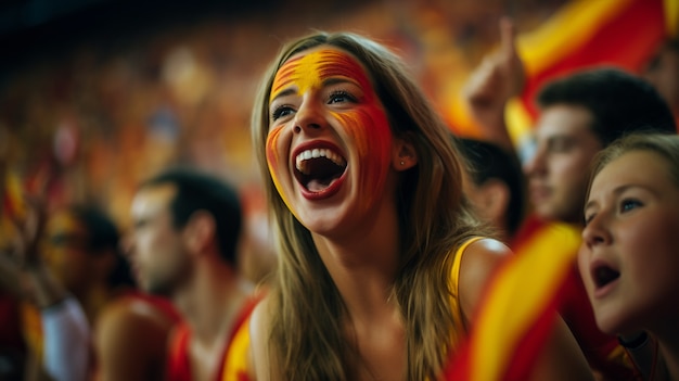 Donna con il viso dipinto di giallo e rosso che applaude la squadra spagnola in finale