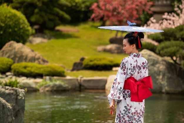 Donna con kimono e ombrello wagasa